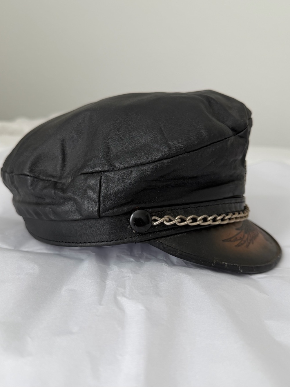 Vintage 90s Leather Biker Captain Hat USA Eagle Chain Moto Rocker Y2K Americana - Picture 9 of 16